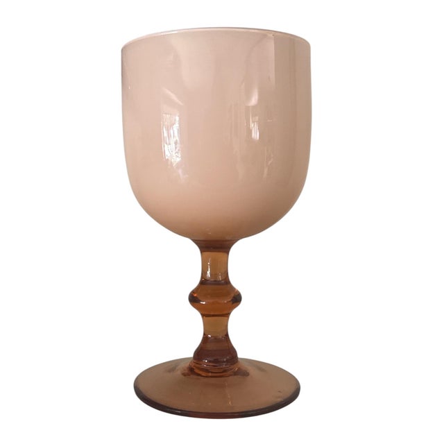 A charming set of six Italian art glass goblets in a sophisticated blush pink palette. Featuring softly opaque pink bowls...