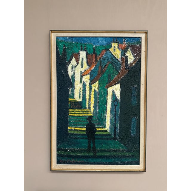 Original Vintage Swedish Oil on Panel – “Promenad mellan hus” by Erik Håfström – Signed – Vintage & Framed – 96 × 66 cm...