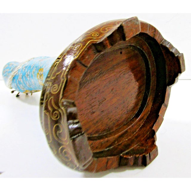Antique Asian Blue Cloisonne Figurine Holding Brass Vase With Lotus Wood Base For Sale - Image 16 of 16