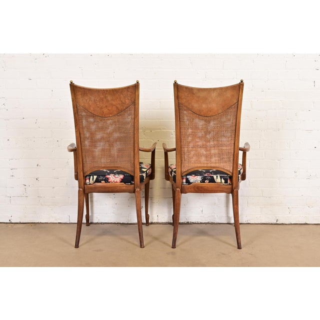 William Doezema for Mastercraft Mid-Century Modern Hollywood Regency Burl Wood and Cane Back Armchairs, Pair For Sale - Image 9 of 12