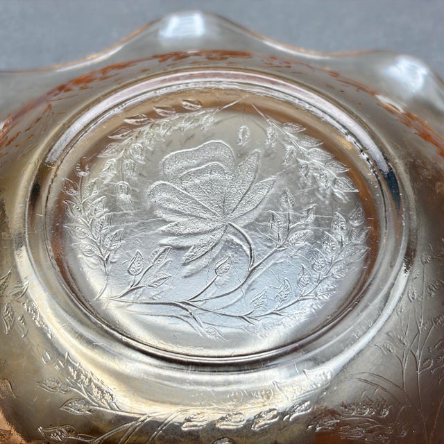 Vintage Jeannette Glass Co. Iridescent Marigold Glass “Floragold or Louisa” Ruffled Bowl With Impressed Florals For Sale - Image 9 of 9