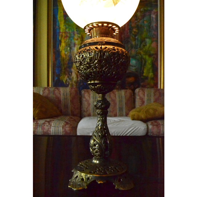 Victorian Antique Bradley & Hubbard Banquet Lamp W. Floral Globe Brass Working Rare For Sale - Image 3 of 4