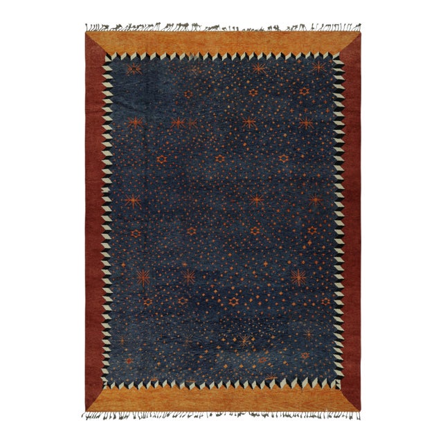Rug & Kilim’s Oversized Moroccan Style Rug in Blue With Rust Geometric Patterns For Sale