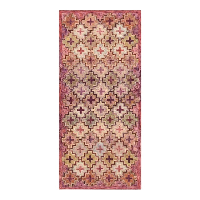 1880s Multicolor Field Cross Folk Art Antique American Knotted Wool Hooked Rug For Sale