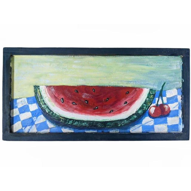 Wood Original Folk Art Watermelon Painting Framed For Sale - Image 7 of 10