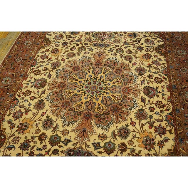 1940s Classic Beige Antique Medallion Tabriz Northwest Knotted Silk Carpet Rug For Sale In New York - Image 6 of 6