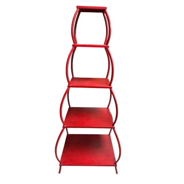 Chinoiserie Vintage Chinoiserie Red Metal Pagoda Etagere For Sale - Image 3 of 8