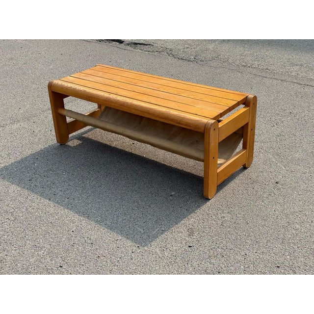 Scandinavian Pine Bench with Canvas Storage, 1970s For Sale - Image 11 of 13