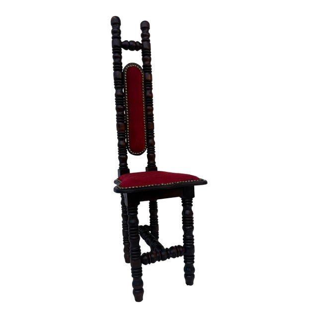 Antique Victorian Jacobean Revival High-Back Bobbin Turned Chair With Crimson Velvet For Sale