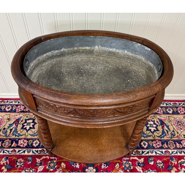 Antique French Oak Barley Twist Standing Planter Jardinière Liner C. 1930s For Sale - Image 16 of 17