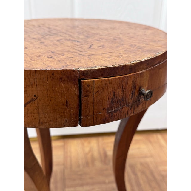 Vintage Italian Style Burl Wood Drum Side Table With Drawer and Glass Top For Sale - Image 9 of 11