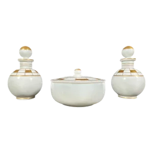 Art Deco Style White Glass Scent Bottles and Powder Jar, Vintage