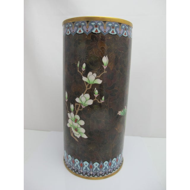 Japanese Large Cloisonne Enamel Flower & Butterfly Vase or Umbrella Stand For Sale - Image 3 of 12