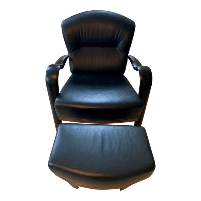 Pace Collection Style Mid Century Modern Black Leather Chair & Ottoman Set For Sale