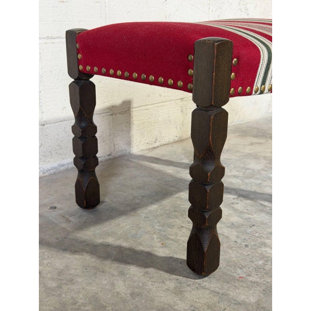Dark Oak Ottoman Footstool With Red Striped Fabric Upholstery and Nailhead Trim Vintage For Sale - Image 10 of 10