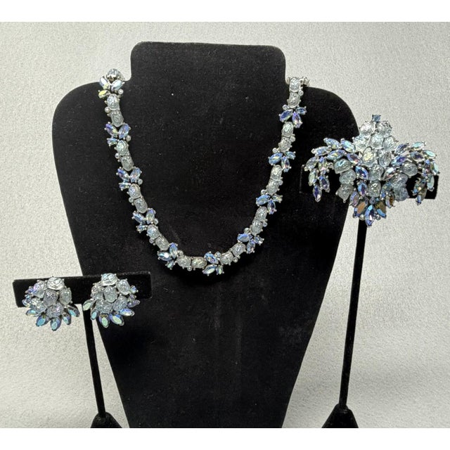 Vintage Trifari Demi Parure Rhinestone Set Necklace, Earrings and Brooch. Gorgeous'ness in various tones of blues. Silver-...