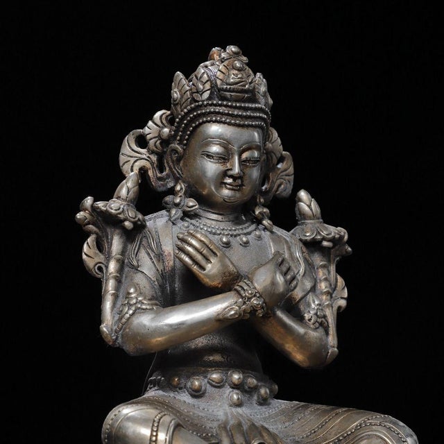Vintage Silver-Plated Bronze Vajradhara Statue Buddhist Deity Sculpture 9.8" For Sale In Los Angeles - Image 6 of 9