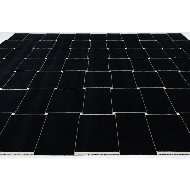 Modern Minimalist Black & Ivory Geometric Grid Wool Area Rug 10x14 For Sale - Image 9 of 12