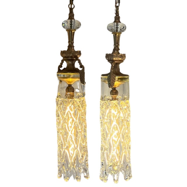 Metal Mid 20th Century Murano Open Clear Lattice Cylinder Ormolu Pendant Light For Sale - Image 7 of 18