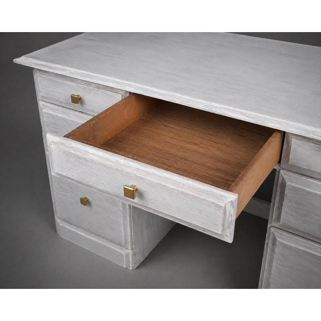 White Late 20th Century Coastal Breeze Whitewashed Double Pedestal Desk With File Drawers – Solid Pine 57” W For Sale - Image 8 of 9