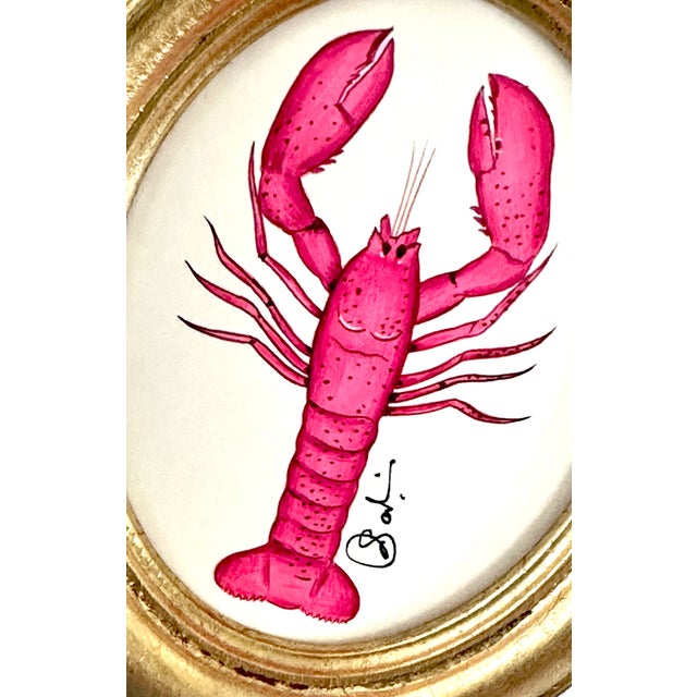 Contemporary Original Hand-Painted Whimsical Pink Lobster Painting, Framed in a Vintage Frame For Sale - Image 3 of 3