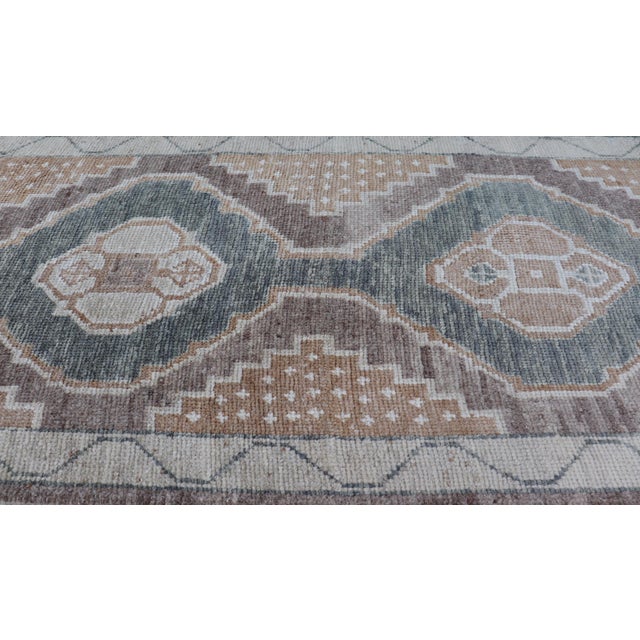 Long Turkish Oushak Runner With Soft Green Field and Beige Medallions For Sale - Image 12 of 16
