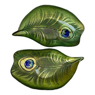 Pair Vintage 1960s Mid-Century Modern Reverse Painted Art Glass Peacock Feather Reverse Painted Bowls For Sale