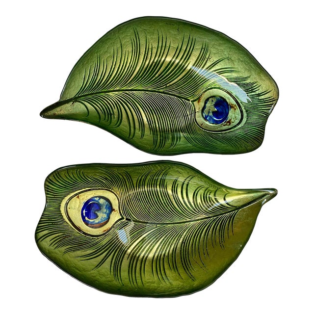 Pair Vintage 1960s Mid-Century Modern Reverse Painted Art Glass Peacock Feather Reverse Painted Bowls For Sale