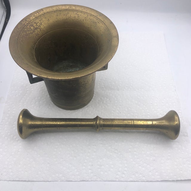 Metal Antique Brass Mortar and Pestle For Sale - Image 7 of 13