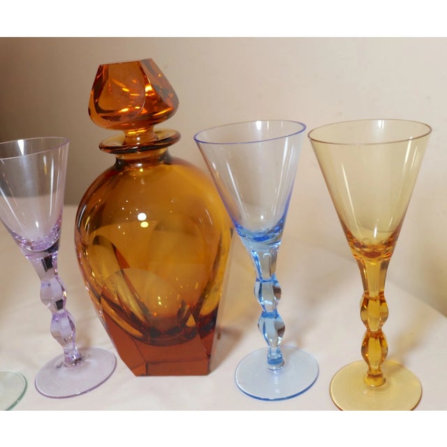Glass Vintage Cut Crystal Signed Moser Czechoslovakian 5 Pc Colored Glass Decanter Set For Sale - Image 7 of 12