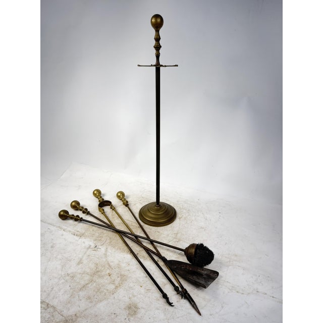Gold Antique Brass Fireplace Tools, 1960s, Set of 5 For Sale - Image 8 of 12