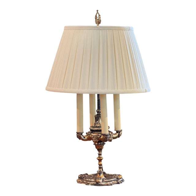 Silverplate Candelabra Lamp With Pleated Shade For Sale
