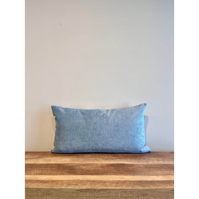 Custom Lumbar Toss Pillow with Insert. Brass pull. Front fabric is Stroheim Yucca Oceanside.