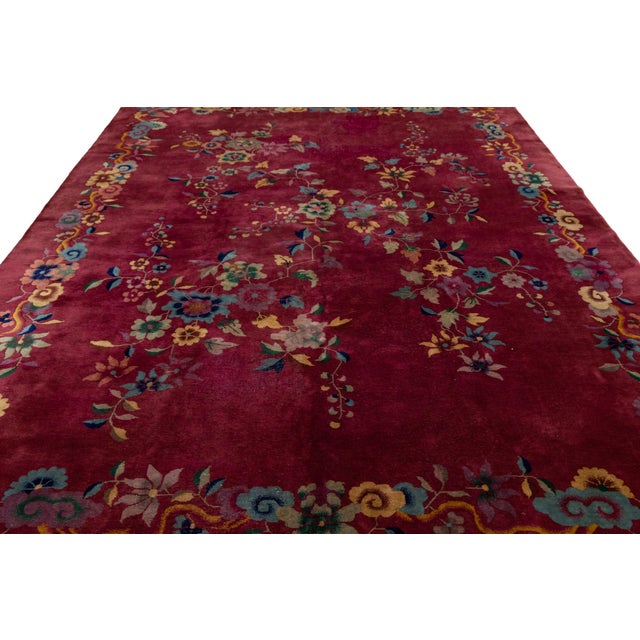 1920s Antique Art Deco Chinese Red Wool Rug With Floral Pattern For Sale - Image 11 of 11