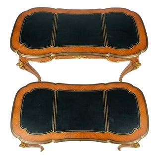 Pair of Mid 20th Century Louis XV Style Black Leather-Top Writing Desks With Figural Gilt Mounts For Sale