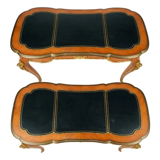 Pair of Mid 20th Century Louis XV Style Black Leather-Top Writing Desks With Figural Gilt Mounts For Sale