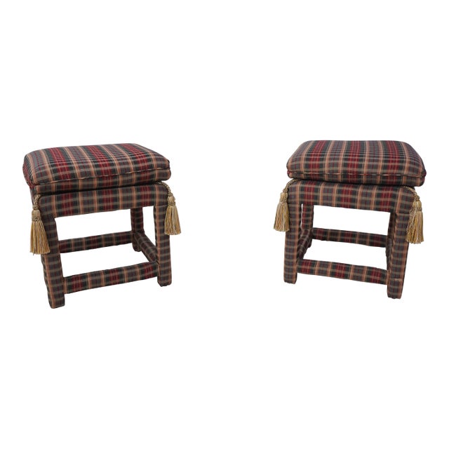 Pair Custom Upholstered Plaid Print Upholstered Square Stools For Sale