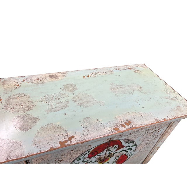 1980s Vintage Distressed Pale Turquoise Blue Tri-Red-Fish Credenza Table Cabinet For Sale - Image 5 of 10