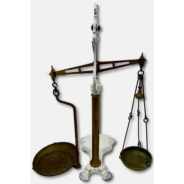 Very Large Size Antique Brass & Enameled Cast Iron Manchester England Wholesale Poultry Sellers Scale - 34 Inches Tall For Sale - Image 13 of 18