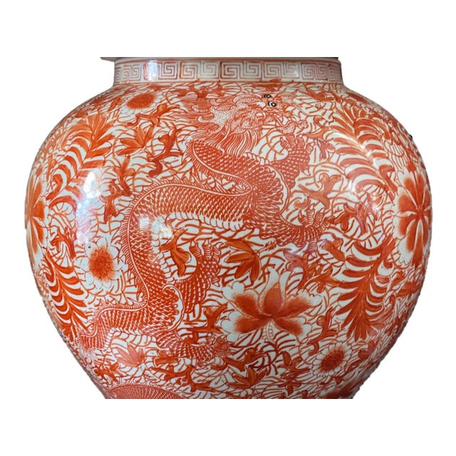 Shell Coral & White Chinoiserie Dragons Temple Ginger Jars 25" H Set of Two For Sale - Image 7 of 8