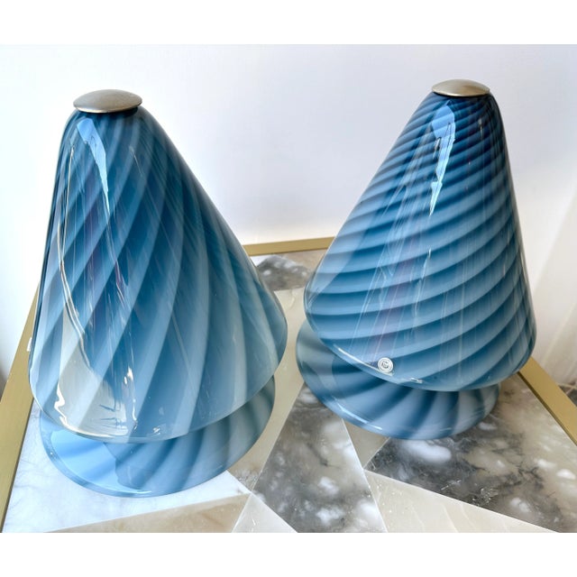 Mid-Century Modern Pair of Blue Spiral Murano Glass Lamps by La Murrina, Italy, 1970s For Sale - Image 3 of 12