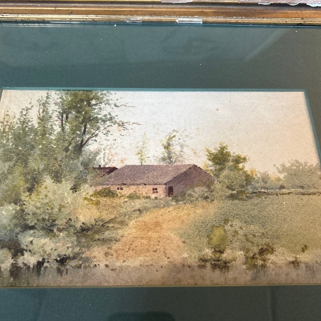 1930's impressionist rustic barn landscape watercolor painting. Painting within matboard measures approximately 9x5.5 and...