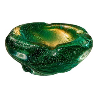 Vintage Murano Style Bullicante Green Art Glass Ashtray, Mid-Century Modern Italian Glass Bowl For Sale