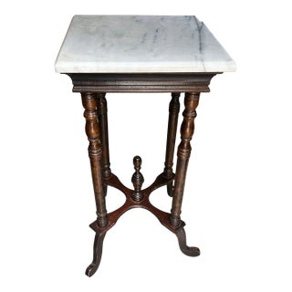 Marble Top Vintage Wooden Base Side Table- Slight Condition Issue For Sale