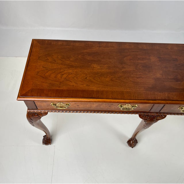Wood Vintage Baker Furniture Chippendale 5-Leg Burl Walnut & Mahogany Console Table For Sale - Image 7 of 16