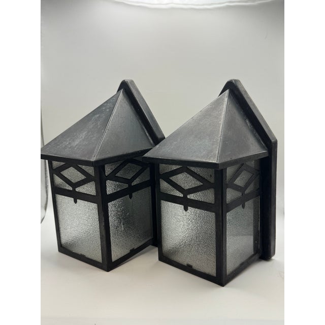 Mid-Century Modern Vintage Arts Crafts Porch Sconces Pair Mid Century Lights Frosted Glass Lamps Cottage Arts and Crafts - a Pair For Sale - Image 3 of 14
