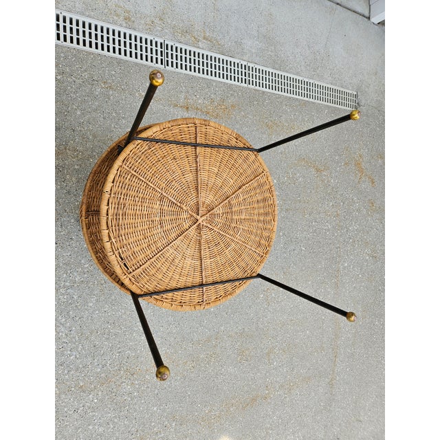 60s Round Wicker Rattan Side Table Brass Ball Feet For Sale - Image 9 of 14