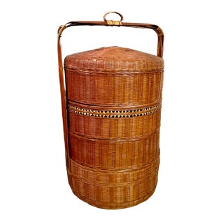Vintage Chinese Four Tier Wood Woven Wedding Storage Basket For Sale