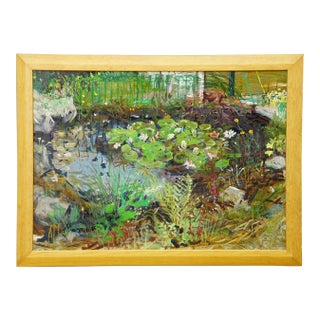 Garden Pond With Water Lilies and Rockery, 1994 – Oil Painting by Alexander Michael For Sale