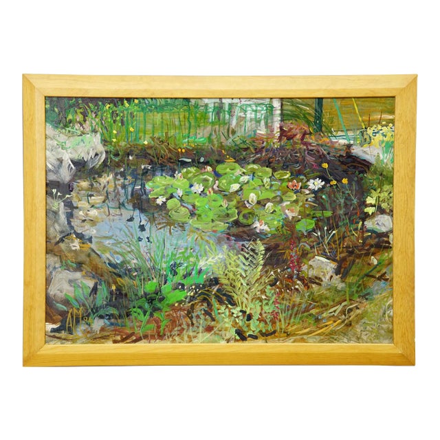 Garden Pond With Water Lilies and Rockery, 1994 – Oil Painting by Alexander Michael For Sale